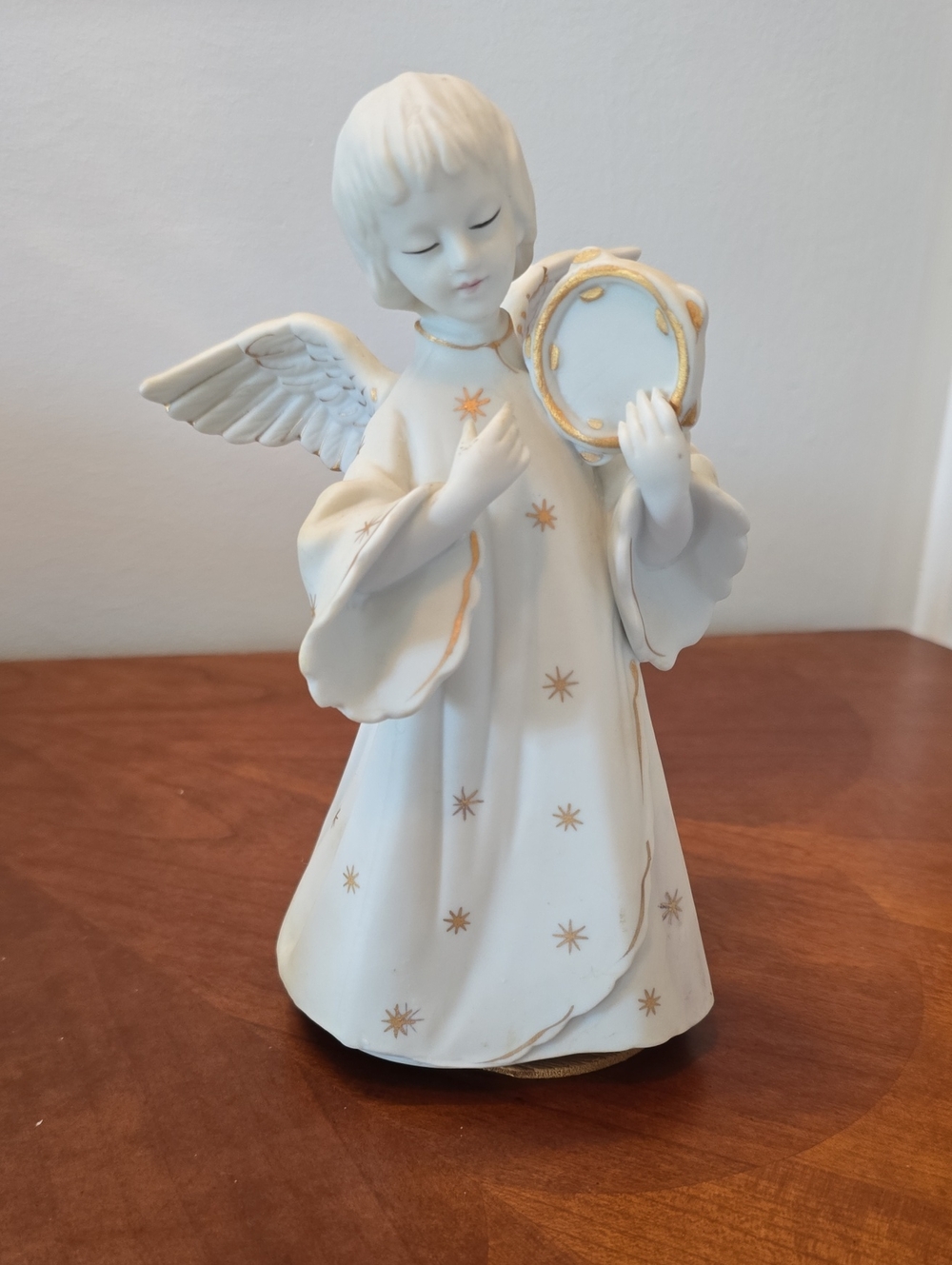 Vintage Schmid Brothers Porcelain Angel Playing Tambourine Music Box